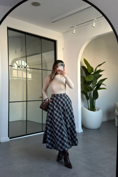 LACİVERT VİZON EKOSE DESEN CEP DETAY ETEK