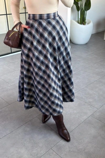 LACİVERT VİZON EKOSE DESEN CEP DETAY ETEK