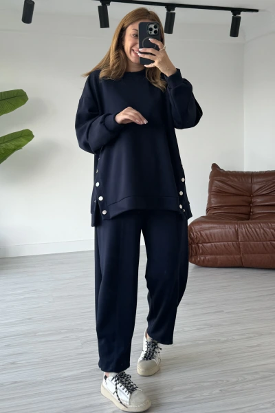 Lacivert Yanları Çıtçıtlı Modal Takım