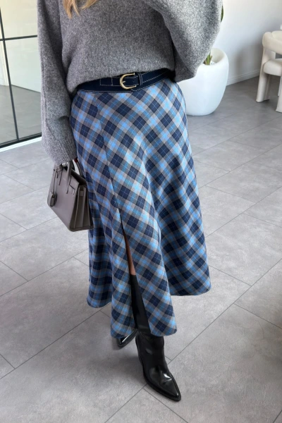 LACİVERT YIRTMAÇ DETAY KEMERLİ EKOSE ETEK