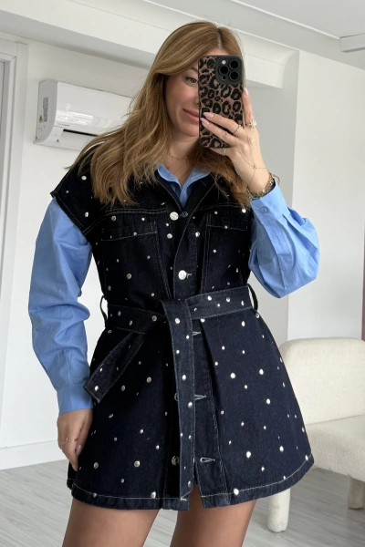 Lacivert Zımbalı Kuşaklı Tasarım Yelek