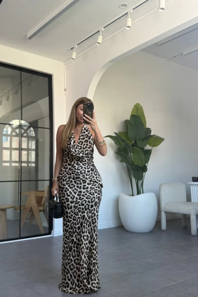 LEOPAR DEGAJE YAKA SATEN ETEK TAKIM