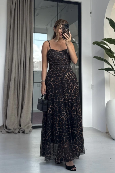 LEOPAR DESEN ASKILI DRAPELİ ELBİSE