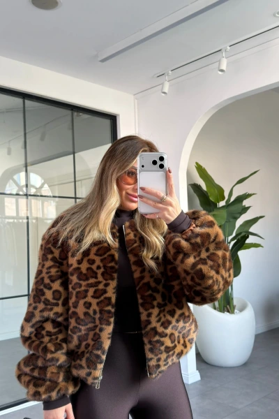LEOPAR DESEN BİSİKLET YAKA PREMİUM KÜRK