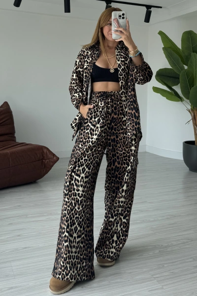 Leopar Desen Gabardin Takım