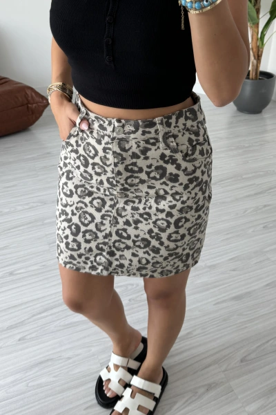Leopar Desen Mini Denim Etek