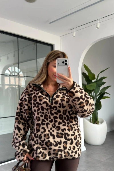 LEOPAR DESEN PELUŞ SWEATSHİRT