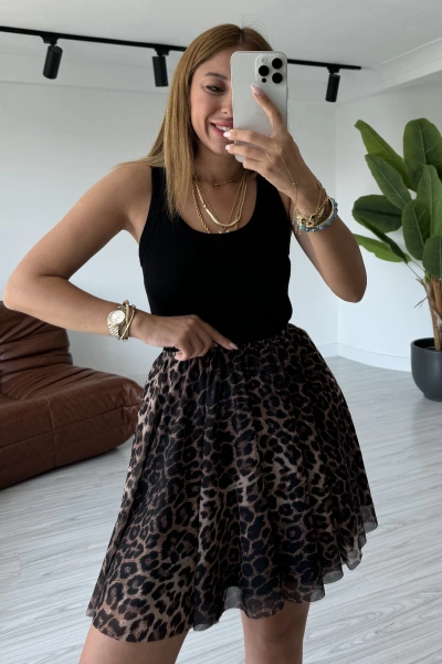 Leopar Desenli Mini Tül Etek
