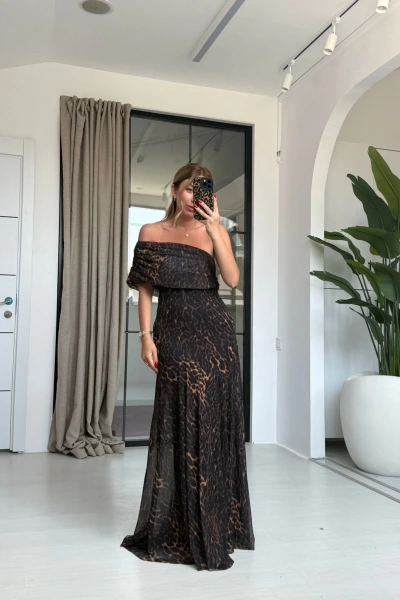 LEOPAR TEK OMUZ UZUN ELBİSE