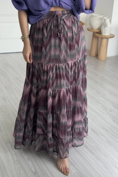 Lila Desenli Renkli Uzun Etek