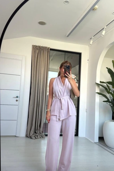 LİLA ÖNÜ BAĞLAMALI KUŞAKLI YELEKLİ TAKIM