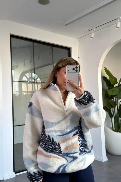 MAVİ AĞAÇ DESEN PELUŞ SWEATSHİRT