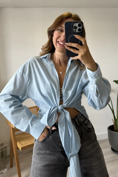 Mavi Bağlama Detaylı Keten Gömlek