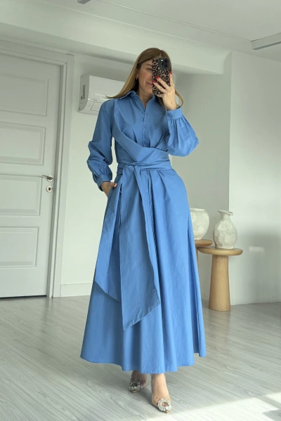 Mavi Bağlamalı Kuşak Detay Gömlek Elbise