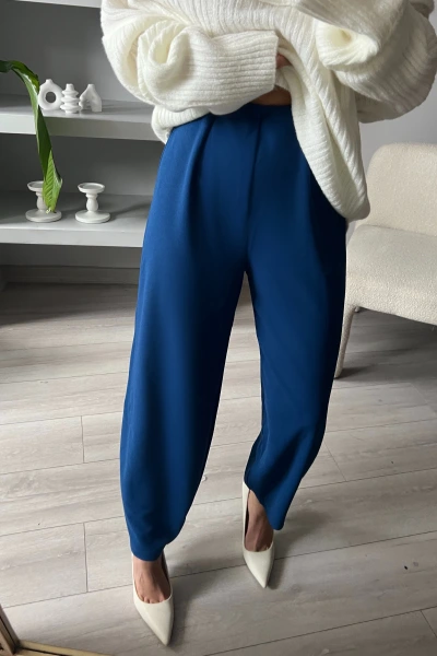 Mavi Beli Lastıklı Şalvar Kesim Krep Pantolon