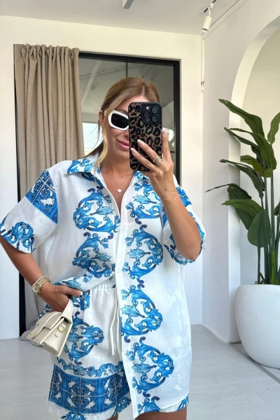 MAVİ-BEYAZ ETNİK DESEN ŞORT TAKIM