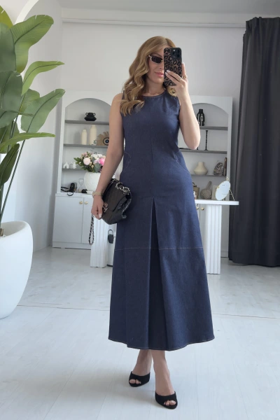 Mavi Bisiklet Yaka Cep Detaylı Esnek Jean Elbise