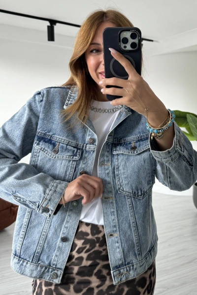 Mavi Çift Cepli Düğmeli Denim Ceket