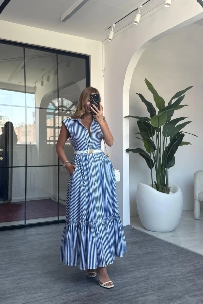 MAVİ ÇİZGİLİ KEMERLİ POPLİN ELBİSE