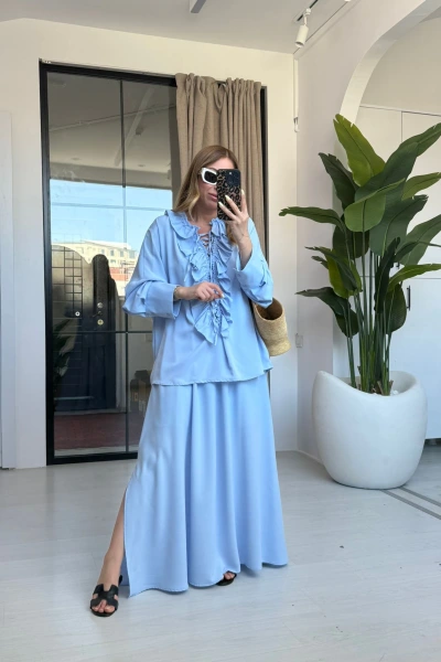 MAVİ FIRFIR DETAY ETEKLİ TAKIM