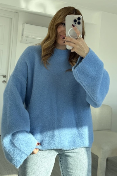 Mavi Geniş Kol Sakallı Oversize Kazak