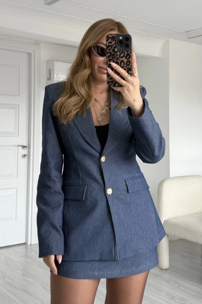 Mavi Gold Düğmeli Ceket Etek Denim Takım