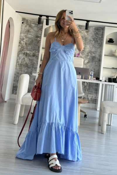 Mavi İnce Askılı Maxi Boy Elbise