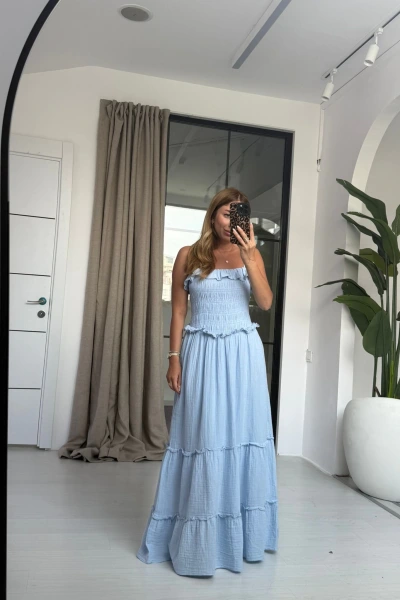 MAVİ İP ASKI MÜSLİN ELBİSE