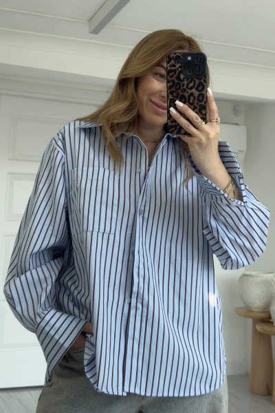 Mavi Kahve Çizgili Salaş Gömlek