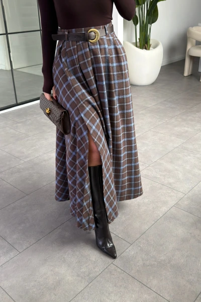 MAVİ KAHVE YIRTMAÇ DETAY EKOSE ETEK