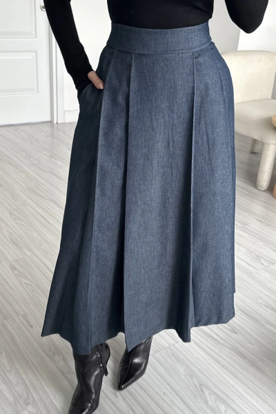 Mavi Kalın Pileli Denim Etek