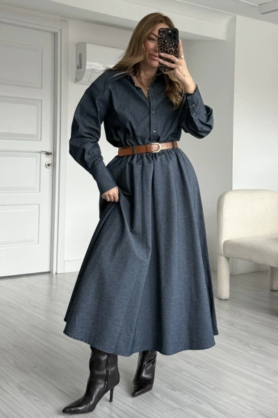 Mavi Kemerli Etek Gömlek Denim Takım