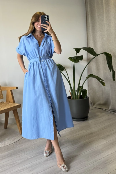 Mavi Kemerli Kısa Kol Poplin Elbise