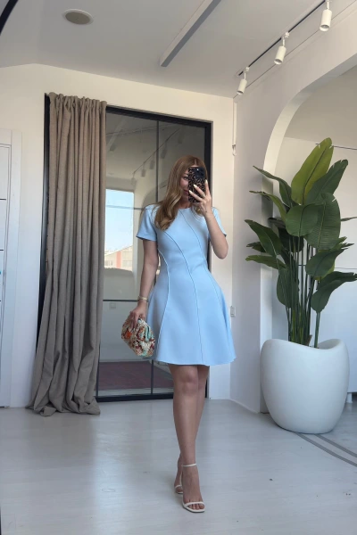 MAVİ KISA KOL MİNİ ELBİSE