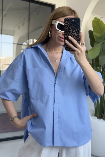 MAVİ KISA KOL POPLİN GÖMLEK