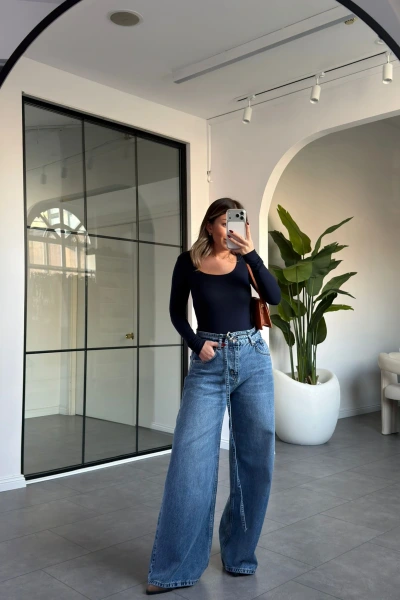 MAVİ KUŞAKLI WİDE LEG JEAN