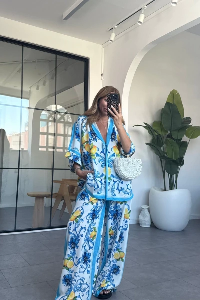 MAVİ LİMON DESEN KISA KOLLU PANTOLON TAKIM