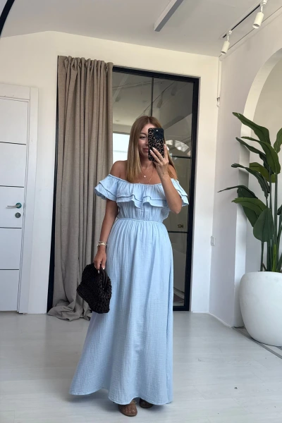 MAVİ MADONNA YAKA ELBİSE