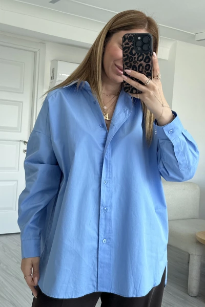 Mavi Poplin Kumaş Basic Oversize Gömlek