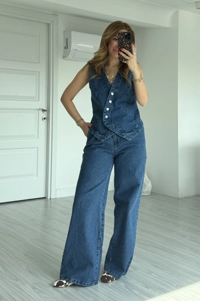 Mavi Verev Yelek Palazzo Pantolon Takım