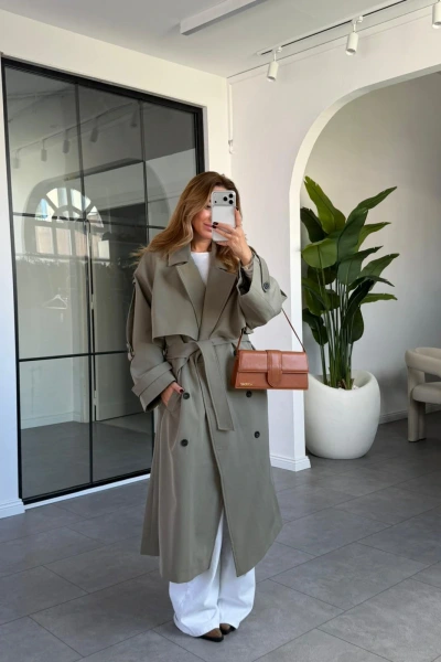 MİNT DÜĞMELİ MANŞET DETAY KUŞAKLI TRENÇKOT