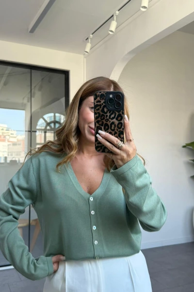 MİNT YEŞİLİ V YAKA İNCE TRİKO HIRKA