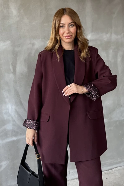 Mürdüm Şal Yaka Leopar Astarlı Ceket