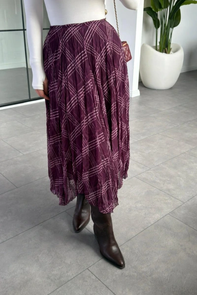 MÜRDÜM ŞİFON EKOSE DESENLİ ASİMETRİK ETEK