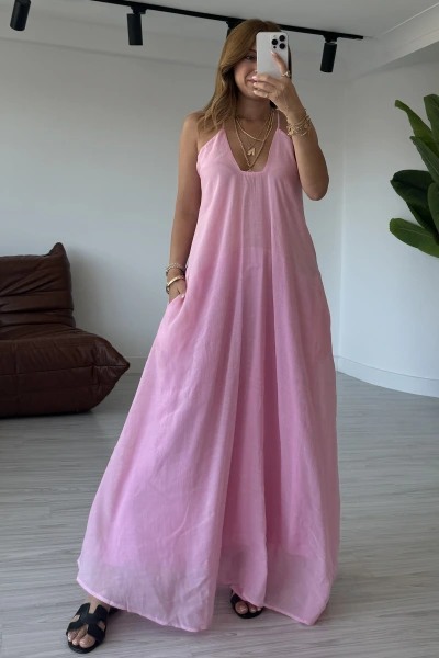 Pembe Askılı Etek Ucu Volanlı Elbise