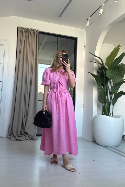 PEMBE BALON KOL BAĞLAMALI ELBİSE