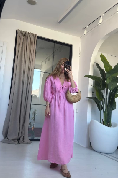PEMBE BALON KOL MÜSLİN ELBİSE