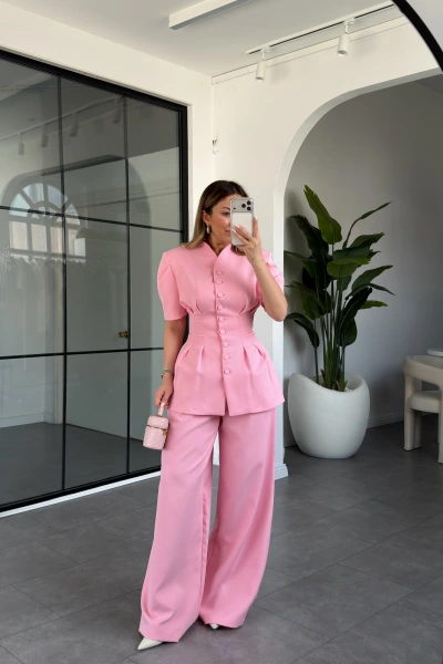 PEMBE BELDEN OTURTMALI PANTOLONLU TAKIM