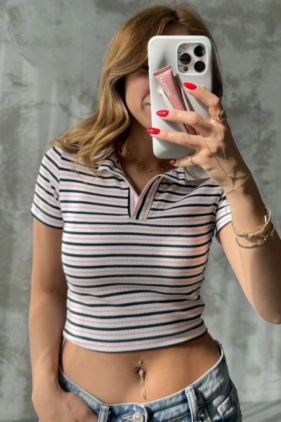 Pembe Çizgili Triko Bluz