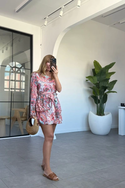 PEMBE ETNİK DESEN TEK KOL ELBİSE